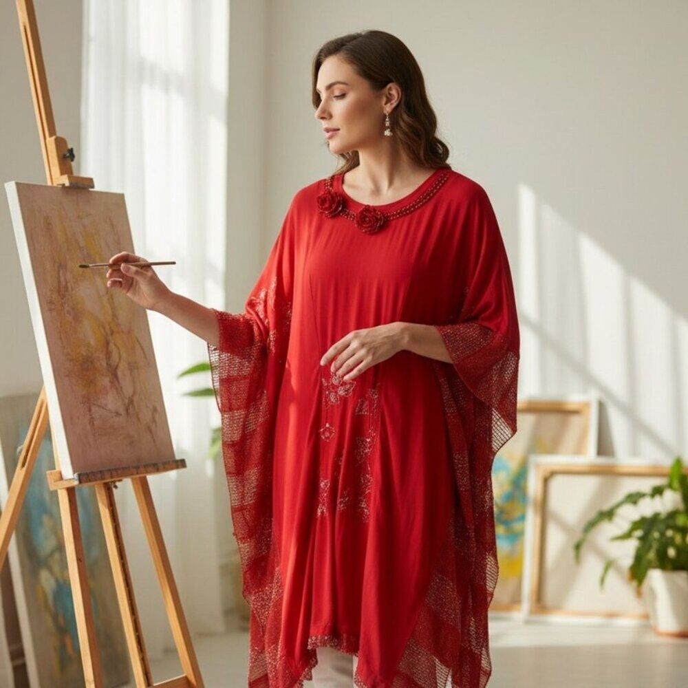 NWT Michael K Red Floral Embroidered and Beaded Tunic Top‎ M